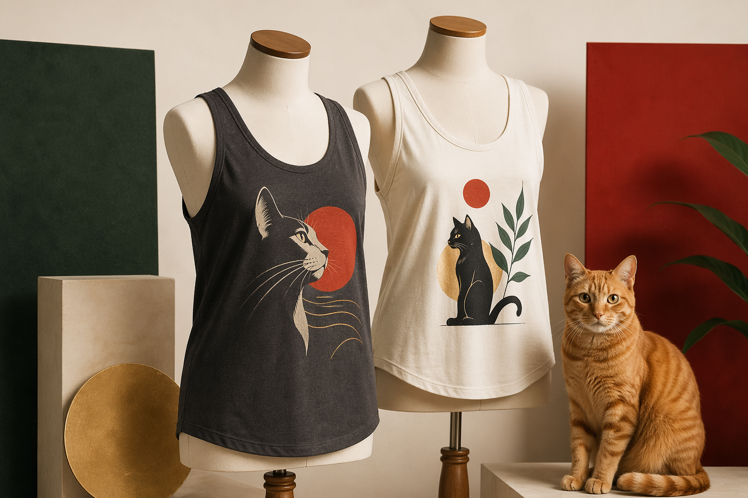 Cat-inspired tank tops on studio forms